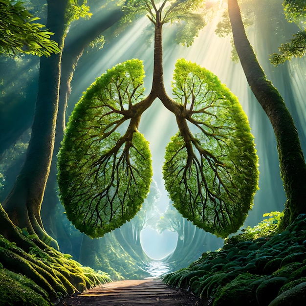 Photo an image of a pair of lungs formed by tree leaves