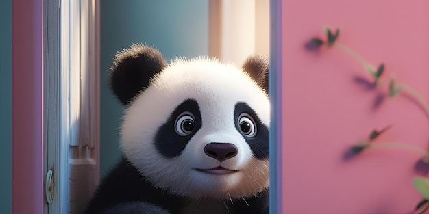 an image of a panda bear peeking over a door in the style of photorealistic compositions