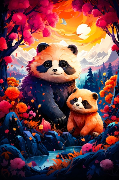 Image of panda and her cub in forest generative ai