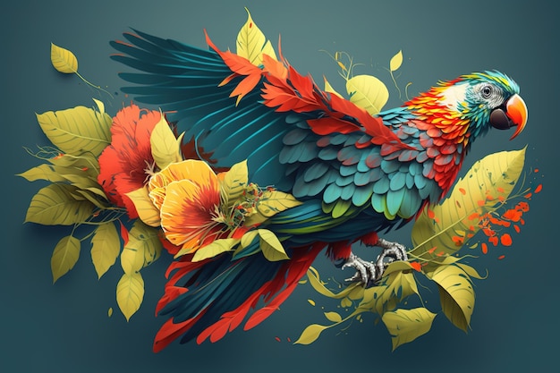 Изображение дизайна попугая с элементами листа Bird Pet Animals Illustration Generative AI