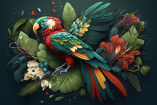 Изображение дизайна попугая с элементами листа Bird Pet Animals Illustration Generative AI