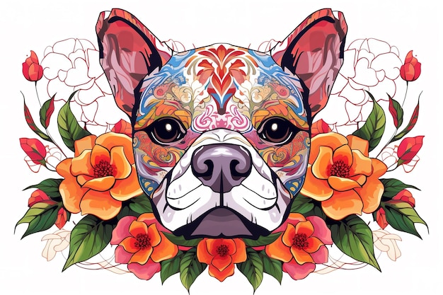 Image of pattern design using bulldog head and flowers and leaves Pet Animals Illustration Generative AI