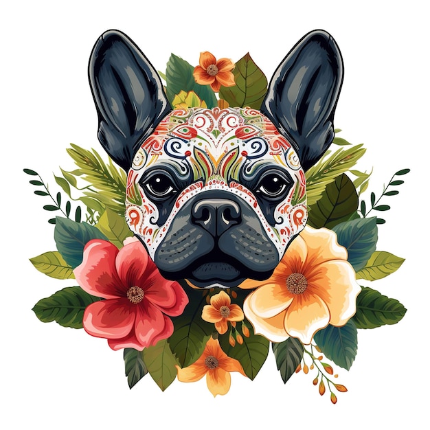 Image of pattern design using bulldog head and flowers and leaves Pet Animals Illustration Generative AI