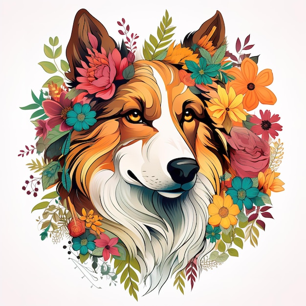 Image of pattern design using collie dog and flowers and leaves Pet Animals Illustration Generative AI