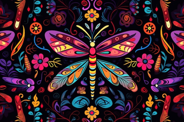 Image of pattern design using dragonfly and flowers and leaves Insect Illustration Generative AI