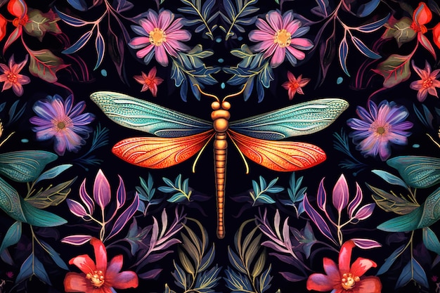 Image of pattern design using dragonfly and flowers and leaves Insect Illustration Generative AI