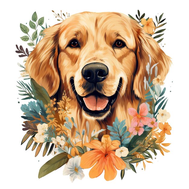 Image of pattern design using Golden retriever dog and flowers and leaves Pet Animals Illustration Generative AI