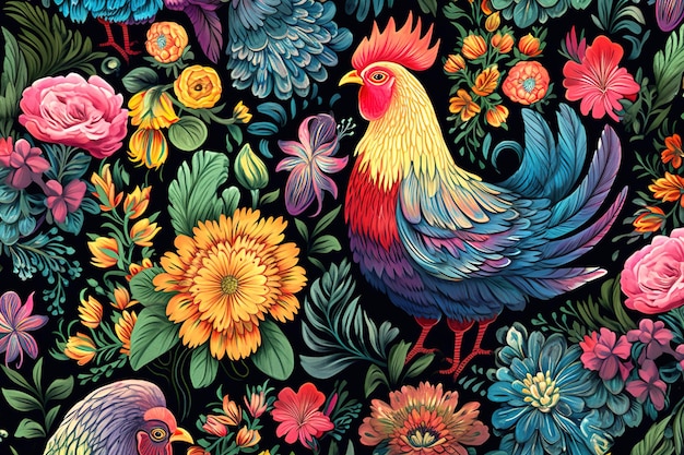 Изображение дизайна узора с использованием курицы, цветов и листьев Сельскохозяйственные животные Иллюстрация Генеративный AI