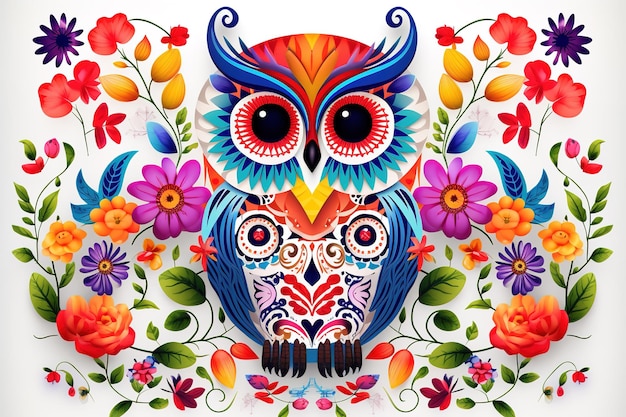 Изображение рисунка с использованием совы и цветов и листьев Дикие животные Иллюстрация птиц Генеративный ИИ