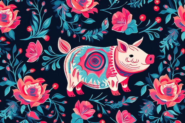 Image of pattern design using pig and flowers and leaves farm animals illustration generative ai