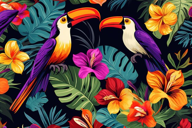 Photo image of pattern design using toucan and flowers and leaves wildlife animals bird illustration generative ai