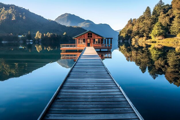 An image of A peaceful lakeside retreat where a small wooden dock