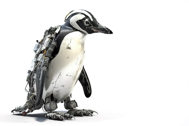 Image of a penguin modified into a robot on a white background Wild animal Illustration Generative AI