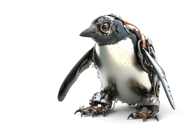 Image of a penguin modified into a robot on a white background Wild animal Illustration Generative AI