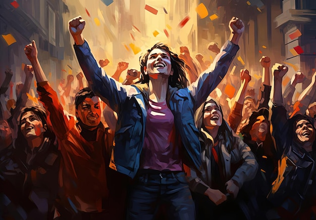 an image of people in a crowd with their fists up in the style of digital painting