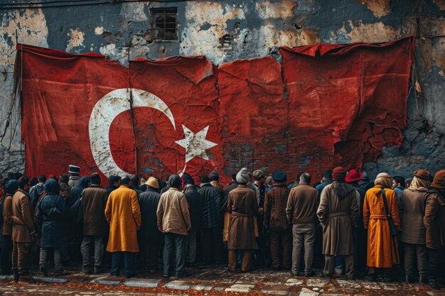 The image of people show a variety of ethnicities ages and professions all unified under the Turkish flag