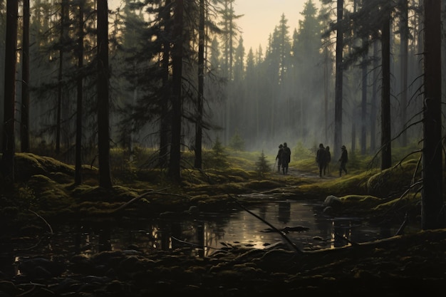 Image of people walking in a coniferous forest