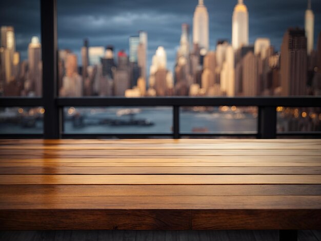 Photo image of perfect wooden table in front of abstract blurred new york city background