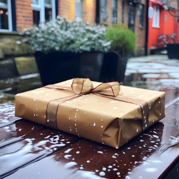 Photo image of a perfectly packaged christmas present waiting on someone's doorstep