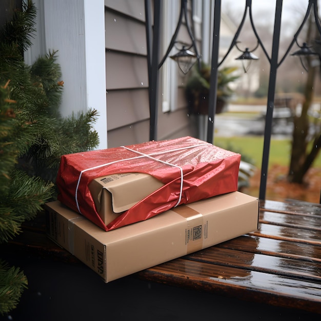 Photo image of a perfectly packaged christmas present waiting on someone's doorstep