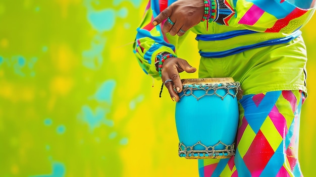 Foto un'immagine di una persona che suona un tamburo tradizionale africano la persona indossa abiti colorati e lo sfondo è di un giallo brillante