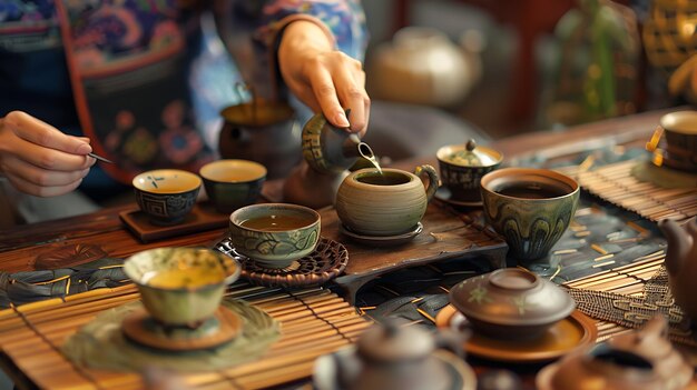 Photo an image of a person pouring tea from a teapot into a cup