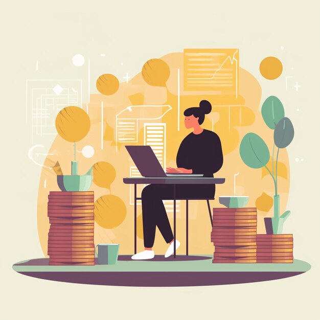 Image of Person Sitting at a Desk with a Laptop and Stacks of Coins and Banknotes for Representing the Idea of Financial Management and Planning