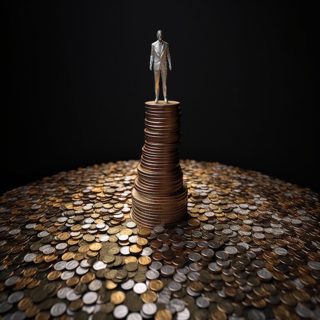 Image of a Person Standing on a Pile of Coins and Banknotes for Symbolizing the Idea of Financial Wealth and Success