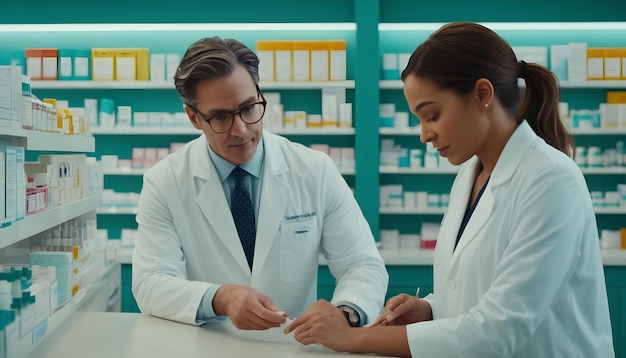 Photo an image of a pharmacist assisting a customer at the prescription counter