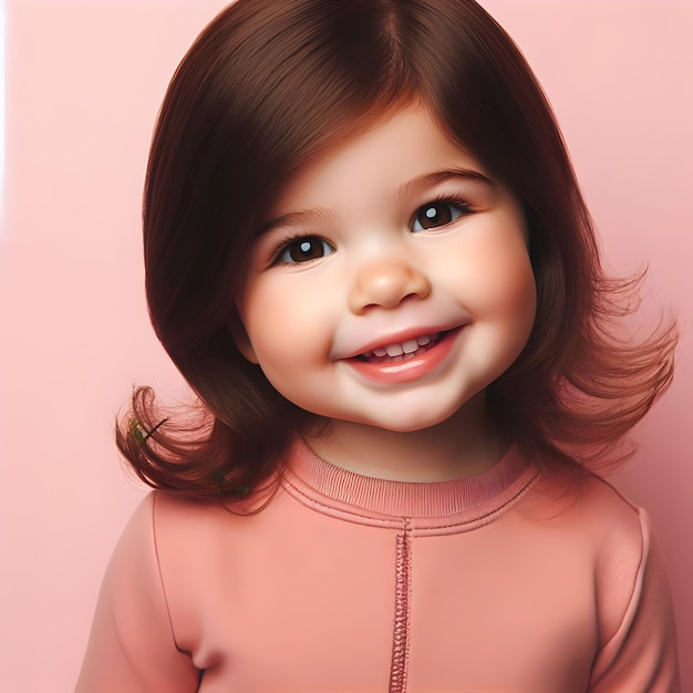 Image of A Photo of a Cute Baby with Brown Hair Smiling Happily Isolated on a Pastel Pink Background