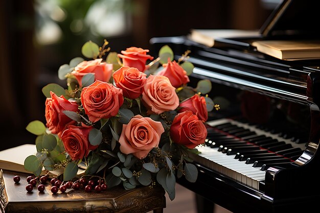 Image of Piano Keys and Rose Flowers