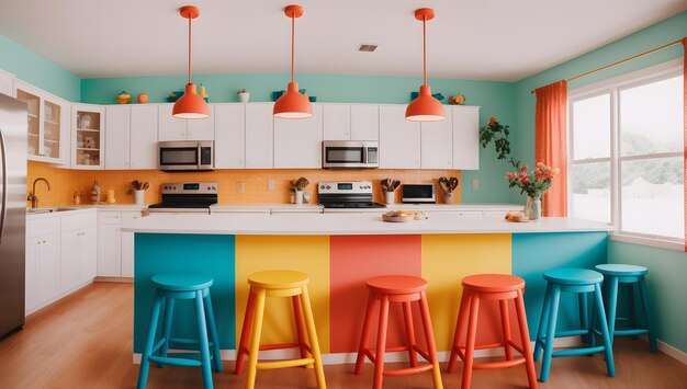 Photo an image of a picturesque kitchen with colorful stools and a large island ai generative