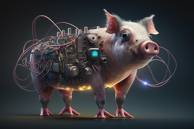 기술 개념을 갖춘 전자 회로 기판이 있는 돼지의 이미지 농장 동물 그림 생성 AI