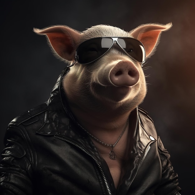 깨끗한 배경에 선글라스를 끼고 검정 가죽 재킷을 입은 돼지의 이미지 농장 동물 일러스트레이션 Generative AI