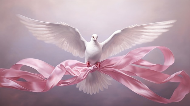 Photo image of a pigeon flying while holding a pink ribbon