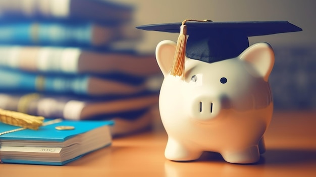 Photo image of piggy bank with graduation hat