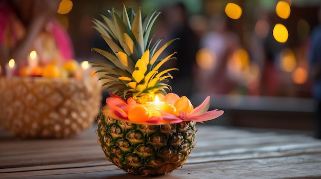 Image of a pineapple at a hawaiian luau with traditional decor