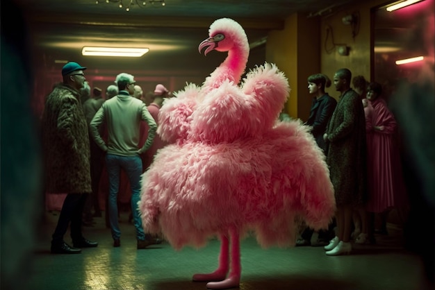 Image of a pink flamingo birdy costumed generative ai