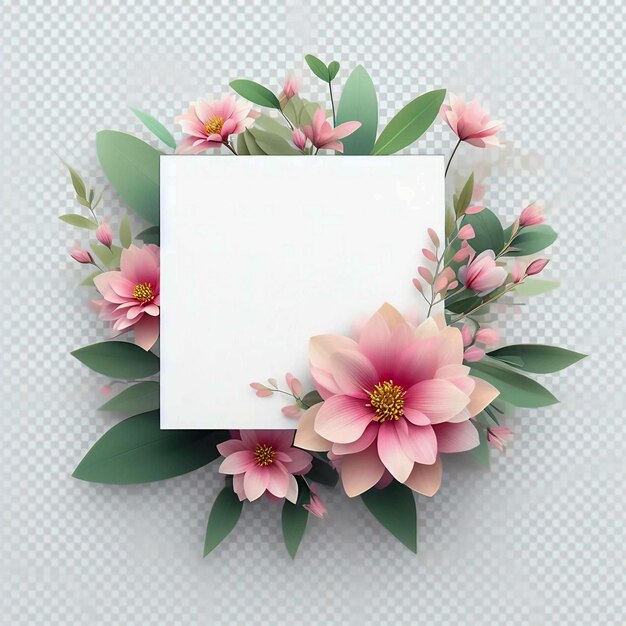 Image of pink flowers and green leaf on white frame with transparent background