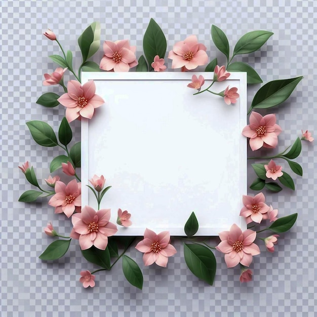 透明な背景の白いフレームにピンクの花と緑の葉の画像