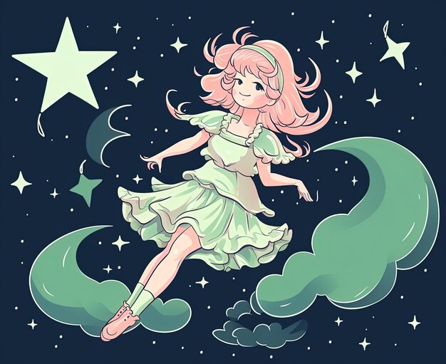 an image of a pink girl flying over the stars and moon in the style of colored cartoon