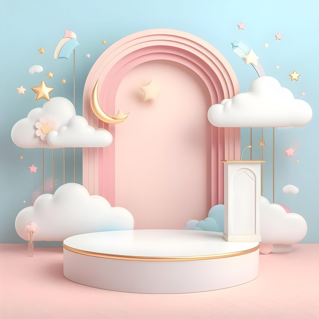 Image of Pink Podium Background with an Arch Clouds and Stars