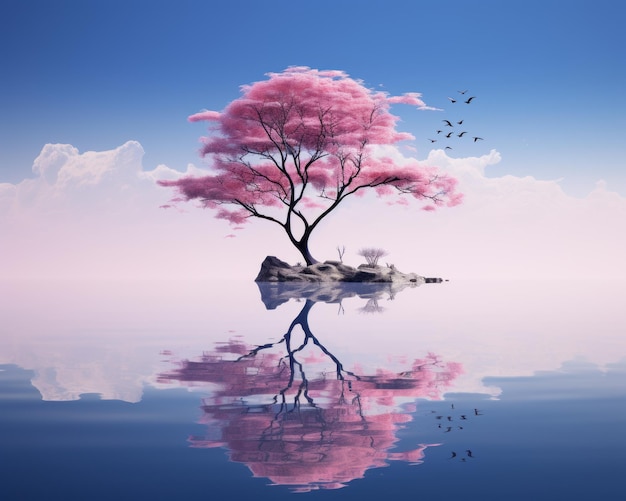 an image of a pink tree in the middle of the water