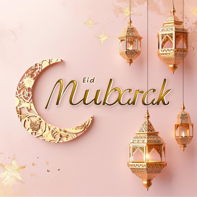 Photo image of a pink wall decorated with images of moons stars lanterns and the words eid mubarak