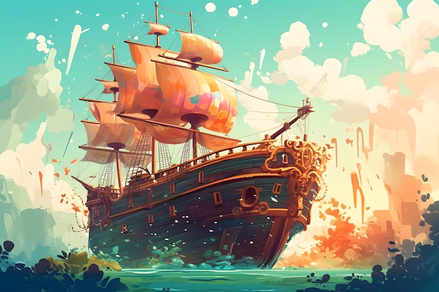 Image of pirate ship in the middle of the ocean with lot of smoke coming out of it Generative AI