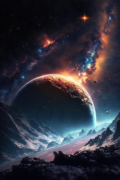 Изображение планет, звезд, космического пространства и неба, созданное с использованием генеративной технологии искусственного интеллекта