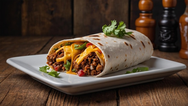 image of a plate of burritos placed on a white plate on a wooden table 64