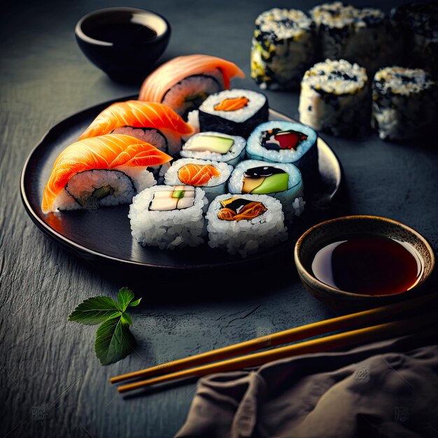 Image of a plate with different types of sushi accompanied by soy sauce