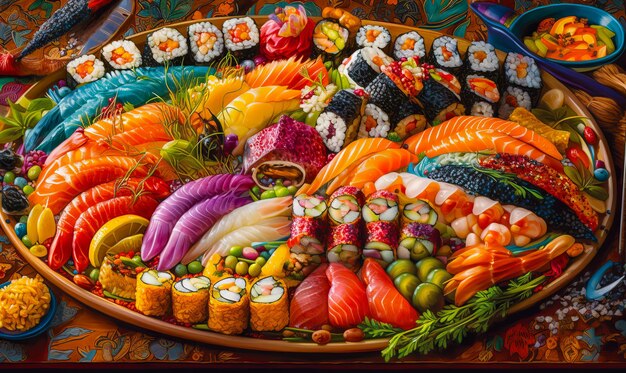 Image of platter of sushi and other sushi items Generative AI