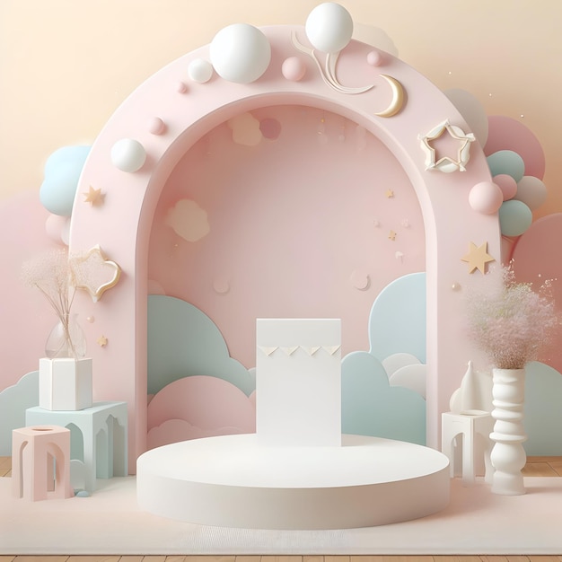 Image of Podium Background with an Arch in Pastel Colors for Baby Shower